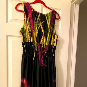 Long black dress with pink and green palm leaves